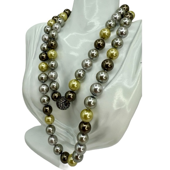 Heidi Daus Faux Pearl Necklace 36” — Multi-Tone Double Strand w Pave Screw Clasp - Picture 1 of 17